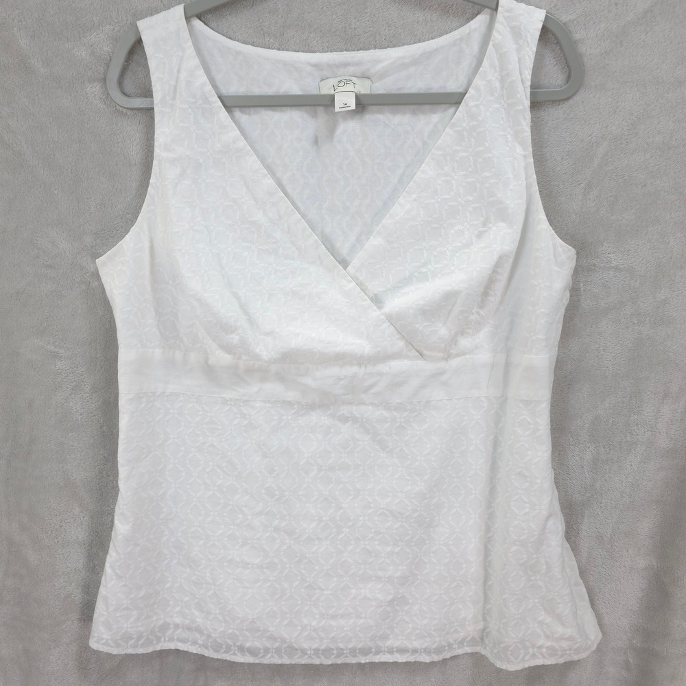 Ann Taylor Loft White Jacquard Sleeveless Faux Wrap Top Women 14 Classic Chic